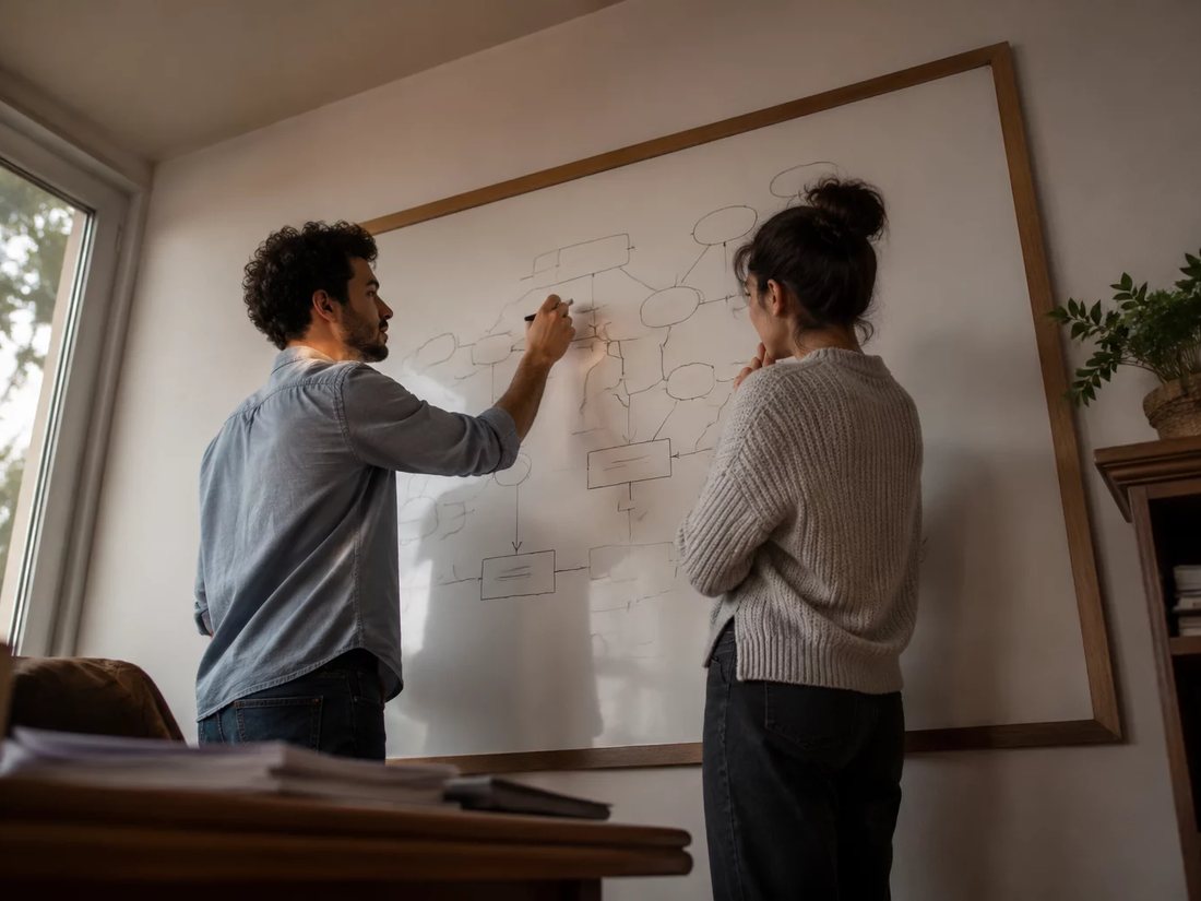 Duas pessoas diante de um quadro branco com o mapa de um argumento desenhado à mão